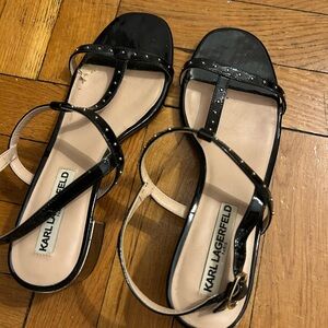 Karl Lagerfeld Black and Gold Strappy Low Block Heel Sandals